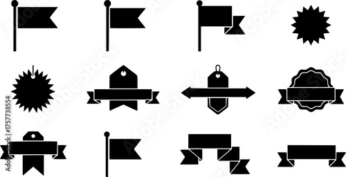 Minimalist Sale Banners and Price Tags Black Silhouette Vector Set: Flag Banners, Ribbon Shapes, and Stars for Boxing Day Graphic Design.	