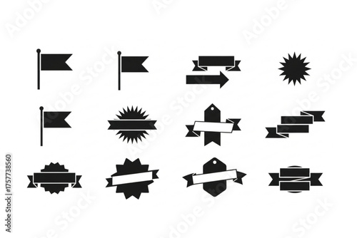 Minimalist Sale Banners and Price Tags Black Silhouette Vector Set: Flag Banners, Ribbon Shapes, and Stars for Boxing Day Graphic Design.	