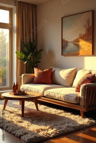 Cozy Living Room bathed in Golden Hour Light Plush Rug, Wooden Furniture, Soft Shadows, Home Decor Inspiration