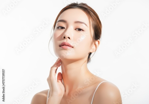 Closeup portrait of a young asian woman with clear, radiant skin, touching her neck, isolated on white background