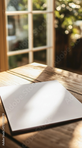 An A4 paper mockup placed on a warm wooden table, slightly angled to add depth, with sunlight creating a cozy and inviting workspace. Generative AI