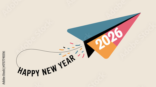 Happy new year 2026 paper airplane flying forward with confetti