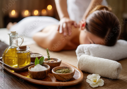 Masaje relajante de spa con aceites, toallas, flores y luz suave para un bienestar completo. Evoca armonía, purificación interior y un refugio sereno del ritmo de vida acelerado.