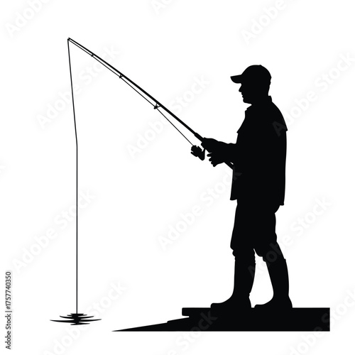 A lone fisherman stands patiently with a fishing rod silhouette