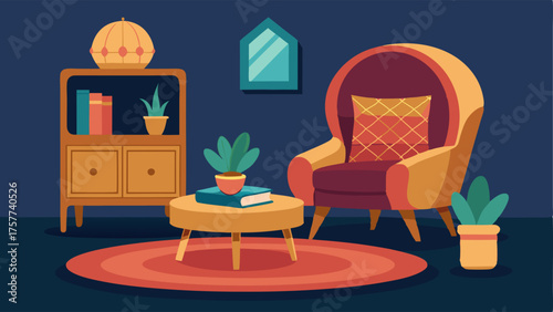 A cozy reading nook with a velvet armchair a plush ottoman and a Moroccaninspired rug.