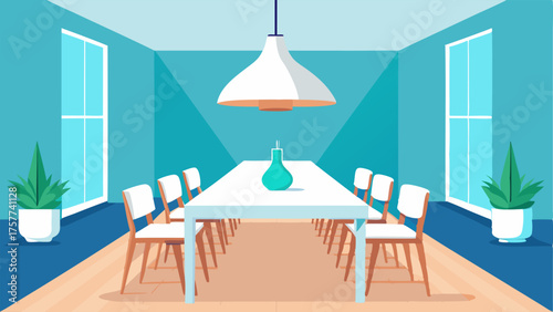A bright and airy dining room with a long wooden table modern white chairs and a statement pendant light.