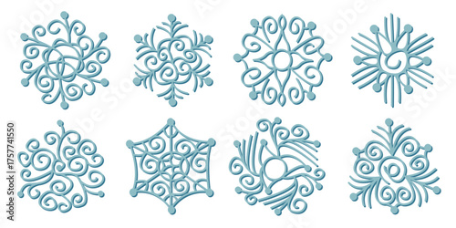 Set of openwork snowflakes designed in elegant cutout style. Flat vector templates for laser or plotter cutting, paper crafts, cards, stencils. Minimalist art