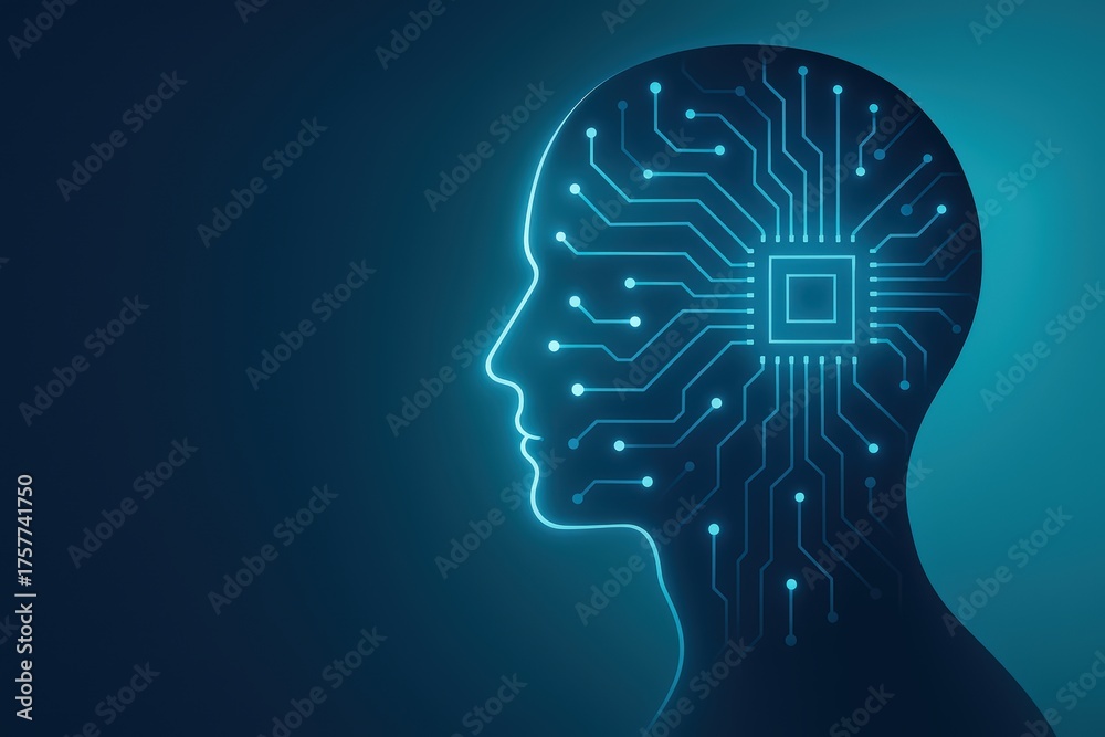 Obraz premium digital human head with circuit connections and glowing brain chip