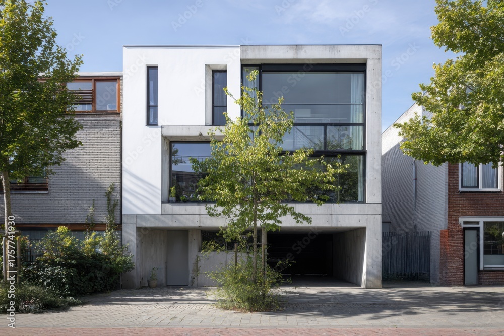 Obraz premium A contemporary house features striking modern architectural design, highlighted by expansive windows that allow ample natural light and overlook lush trees.