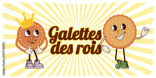  Galette des Rois, Poster groovy characters with two smiling cartoon cakes, one wearing a crown, on a sunny yellow background. Perfect for Epiphany celebration, bakery design, French holiday themes.