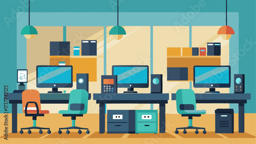 A computer lab with multiple workstations and printers.