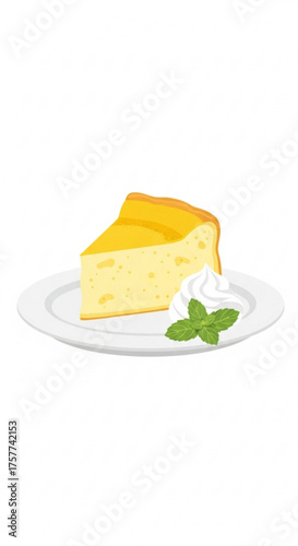 Slice of lemon soufflé on plate with whipped cream and mint  