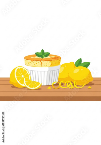 Lemon souffle dessert with whole and sliced lemons on wooden table  