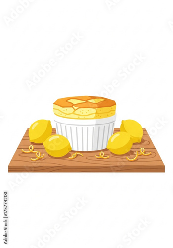 Lemon soufflé dessert on wooden board with fresh lemons  