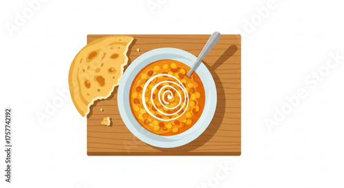 Lentil dal soup served in a bowl with bread on wooden table  