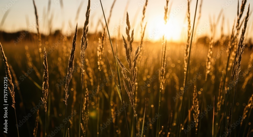 Obraz premium Golden sunset light filtering through tall dry grass stalks in a meadow, creating a warm, serene, and natural atmosphere