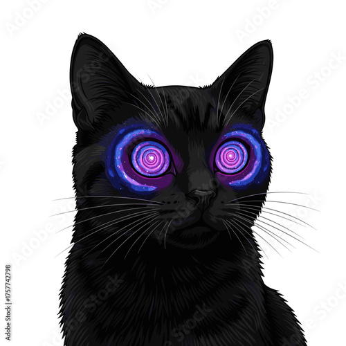 Mystical Feline Gaze A black cat with hypnotic cosmic swirls for eyes, staring intently
