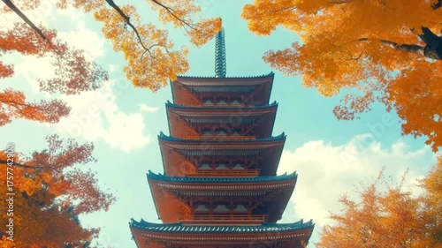 Japanese pagoda surrounded by autumn leaves  