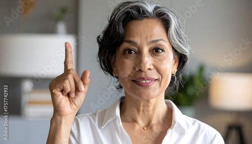 An older woman, indoors, points upward with a joyful expression