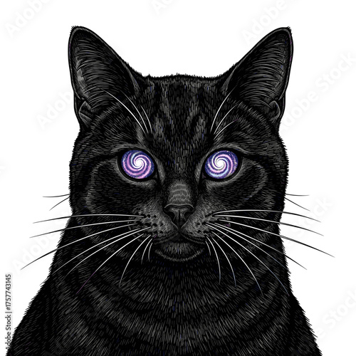 Mystical Black Cat with Hypnotic Eyes A Captivating Vector Illustration of Cosmic Curiosity