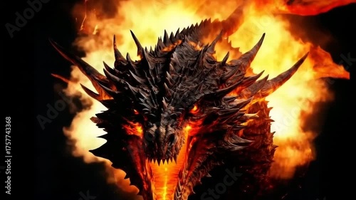 Fierce fire dragon roaring in flames  