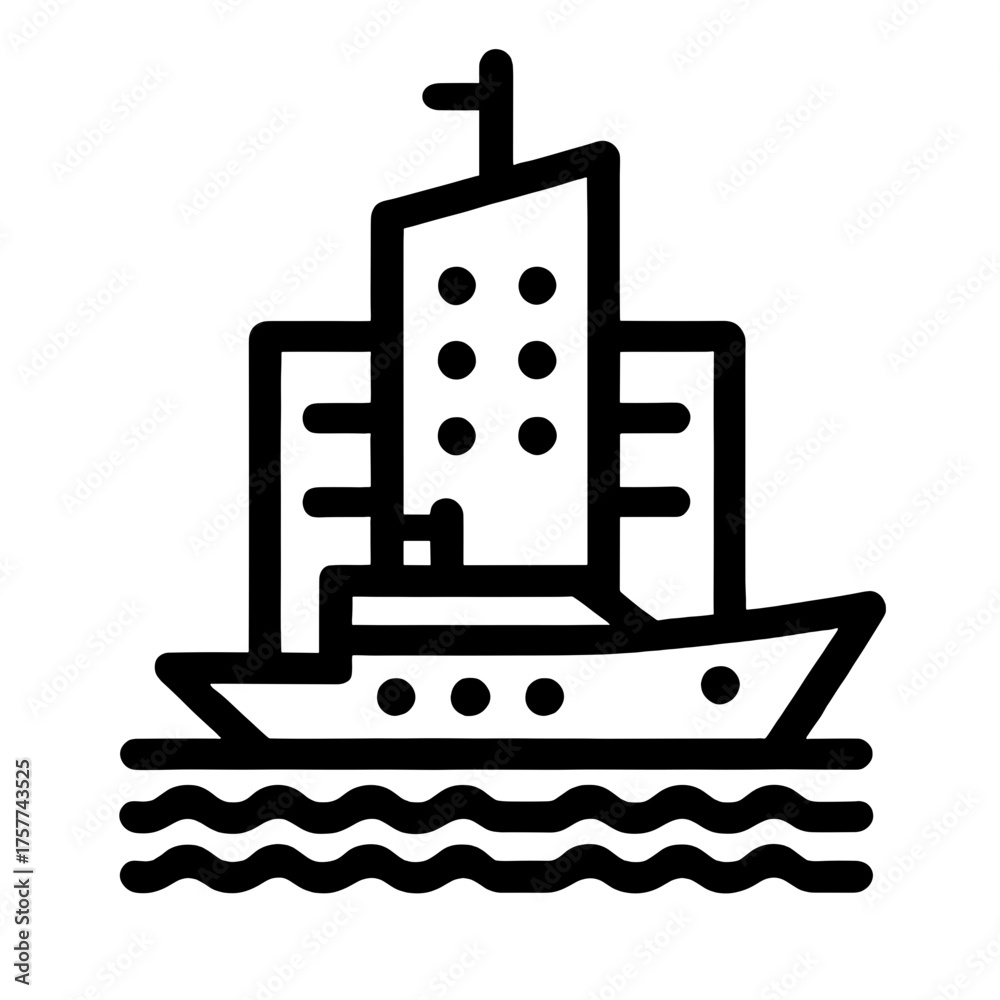 Obraz premium Vector icon of a ship with buildings by the water on a transparent background, representing transportation and urban life.