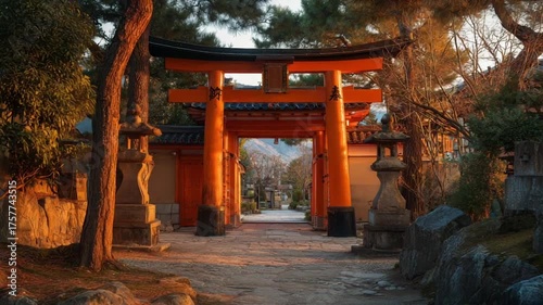 Red torii gate at traditional Japanese shrine