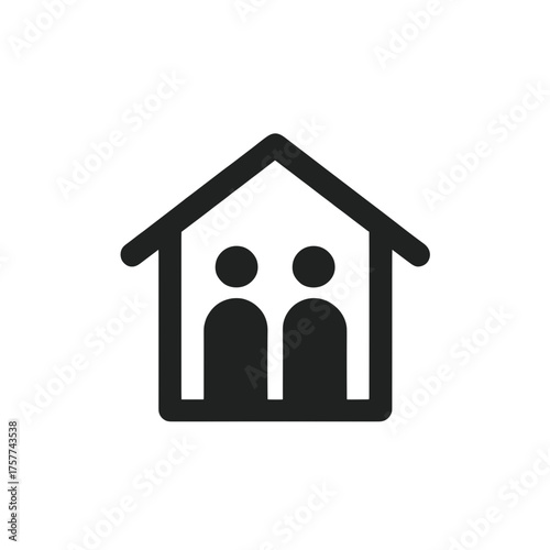 Home icon depicting two people inside a house in black vector illustration on transparent background