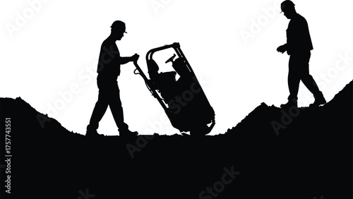 Construction worker silhouettes, plate compactor machine, excavation site, soil compaction, heavy equipment, teamwork labor, civil engineering, foundation work, black vector illustration