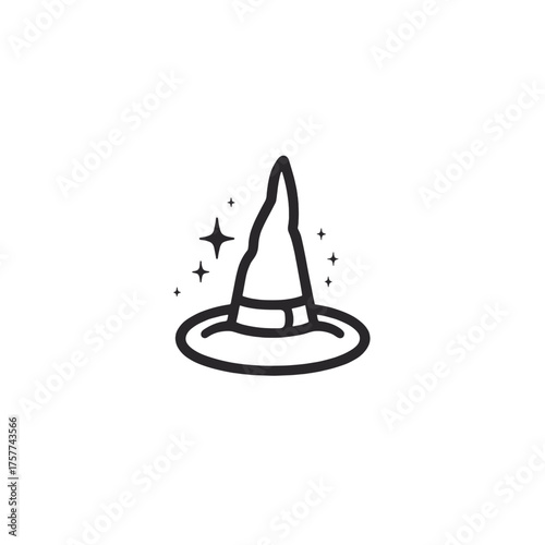 Wizard hat vector icon with magical sparkles illustrated in black on transparent background