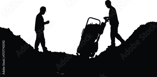 Construction worker silhouettes, trench excavation site, ground survey equipment, geotechnical engineering, soil analysis, fieldwork labor, civil engineering, black vector illustration, teamwork