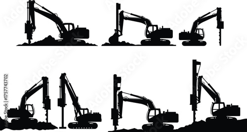 Excavator silhouettes collection, construction machinery, heavy equipment, digging bucket, hydraulic breaker, auger drill, pile driver, vibratory hammer, drilling rig, industrial tools