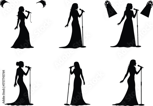 Female singer silhouettes, microphone performance artwork, music concert illustration, stage entertainment design, vocal artist concept, vector art, cad drawing flat vector illustration