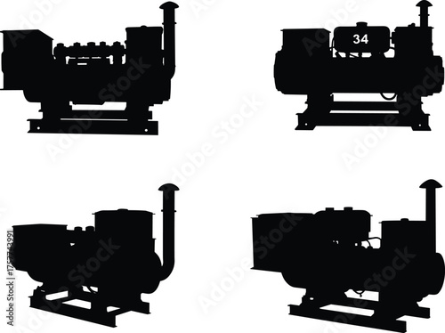 Industrial generator silhouettes, diesel engine machines, heavy equipment, power generation units, electricity supply, backup energy, emergency generator, construction site power, black vector icons