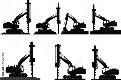 Rotary drilling rig silhouettes, construction machinery, heavy equipment, geotechnical engineering, foundation drilling, soil boring, industrial tools, excavation machines, black vector icons