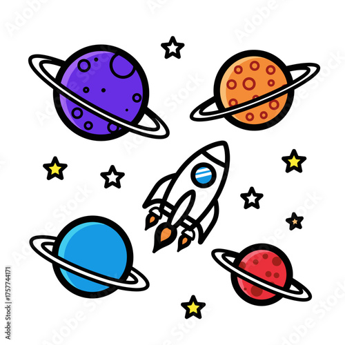 Cosmic Voyage A Cartoon Rocket Soaring Through the Galaxy of Planets and Stars