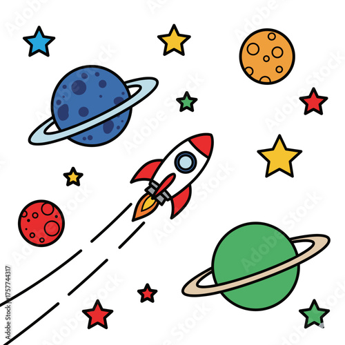 Vibrant Space Exploration Rockets, Planets, and Stars Illustration