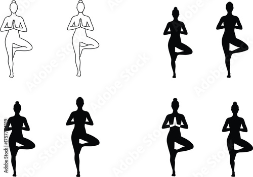 Yoga tree pose silhouettes, Vrksasana posture illustration, meditation balance artwork, fitness wellness design, healthy lifestyle concept, vector art, cad drawing flat vector illustration