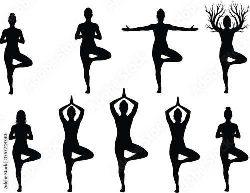 Yoga tree pose silhouettes, Vrksasana variations artwork, meditation balance illustration, fitness wellness design, creative growth concept, vector art, cad drawing flat vector illustration
