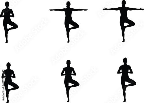 Yoga tree pose silhouettes, Vrksasana variations illustration, meditation balance artwork, fitness exercise design, wellness lifestyle vector art, cad drawing flat vector illustration