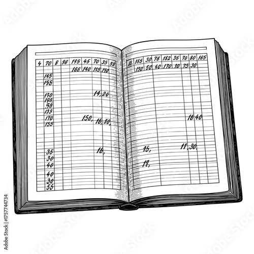 Illustration of an open ledger book with rows and columns filled with handwritten numbers, symbolizing accounting and financial records