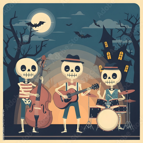 A spooky Halloween night scene featuring a skeleton band playing music in front of a haunted house.