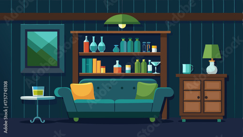 A den with a dark wood paneling a retro bar cart stocked with colorful glassware and a plush velvet couch in shades of blue and green.