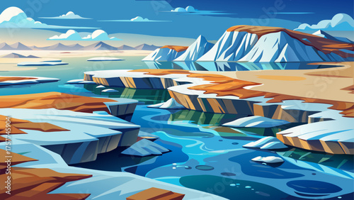 Very beautiful thawing permafrost along the Arctic coast at Barrow, Beaufort Sea, Alaska, USA, showing melting pack ice, rugged shoreline, and sensitive tundra, highlighting climate change impacts on 