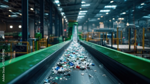 Medium shot of automated conveyor belt system at electronic waste plant separating different types of materials for specialized recycling processes.