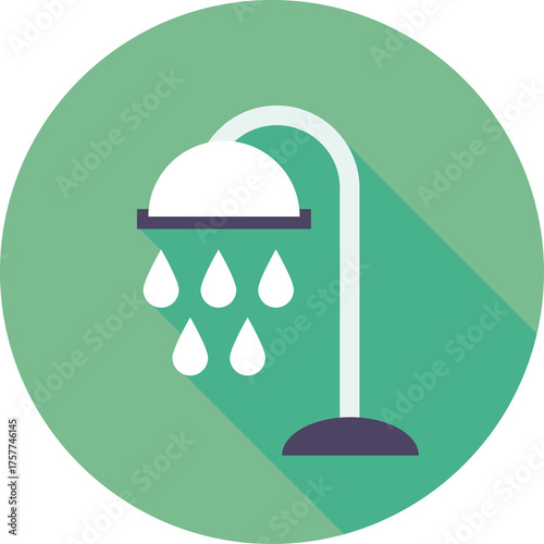 Modern Line Icon of a Shower Head with Water Droplets Falling on a Green Circular Background with Long Shadow Effect Flat Design