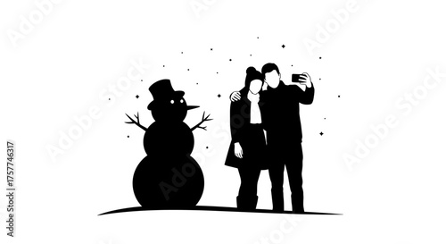 A joyful couple captures a memorable winter moment with a cheerful snowman and falling snow, celebrating the festive holiday season together.