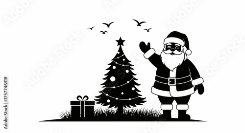 A festive monochrome illustration presents Santa Claus waving cheerfully beside a decorated Christmas tree and a gift, embodying joyful holiday spirit.