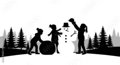 Three joyful children collaboratively build a charming snowman in a serene winter wonderland, depicted as a striking black and white silhouette.