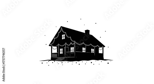 The charming silhouette of a cozy house, beautifully adorned with sparkling string lights, perfectly captures the joyful spirit of Christmas festivities.